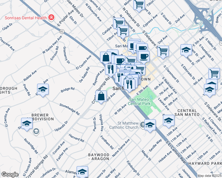 map of restaurants, bars, coffee shops, grocery stores, and more near 45 Crystal Springs Road in San Mateo
