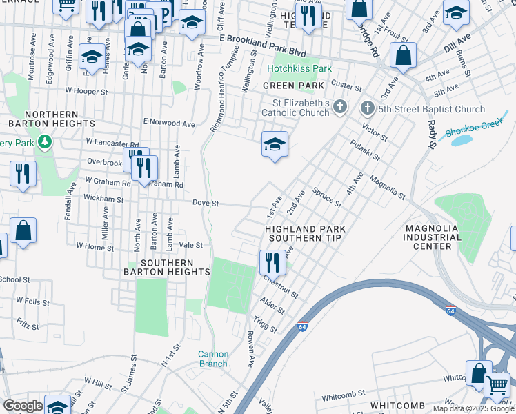 map of restaurants, bars, coffee shops, grocery stores, and more near 1124 Dove Street in Richmond