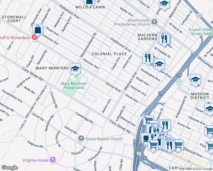 map of restaurants, bars, coffee shops, grocery stores, and more near 4203 Grove Avenue in Richmond