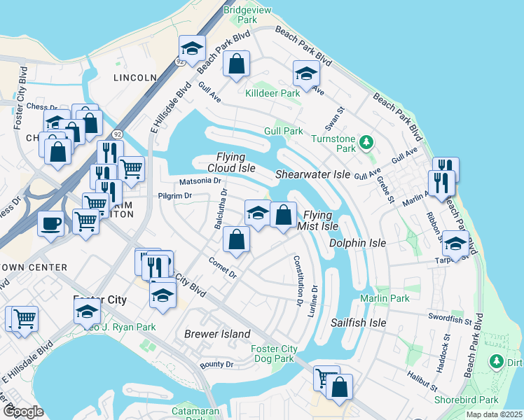 map of restaurants, bars, coffee shops, grocery stores, and more near 751 Niantic Drive in Foster City