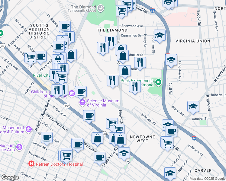 map of restaurants, bars, coffee shops, grocery stores, and more near 1132 Hermitage Road in Richmond