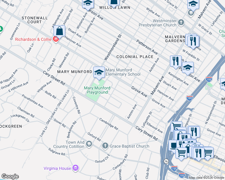 map of restaurants, bars, coffee shops, grocery stores, and more near 4233 Kingcrest Parkway in Richmond