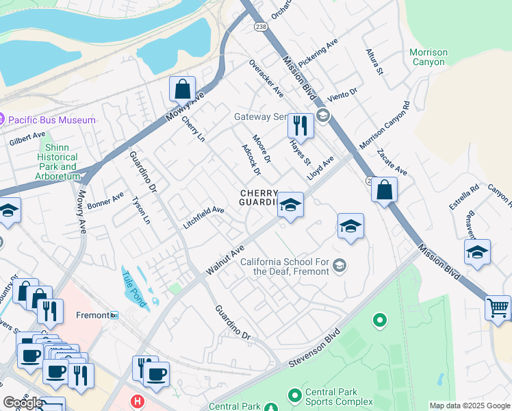 map of restaurants, bars, coffee shops, grocery stores, and more near 38910 Applegate Terrace in Fremont