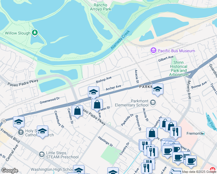 map of restaurants, bars, coffee shops, grocery stores, and more near 38095 Davy Court in Fremont