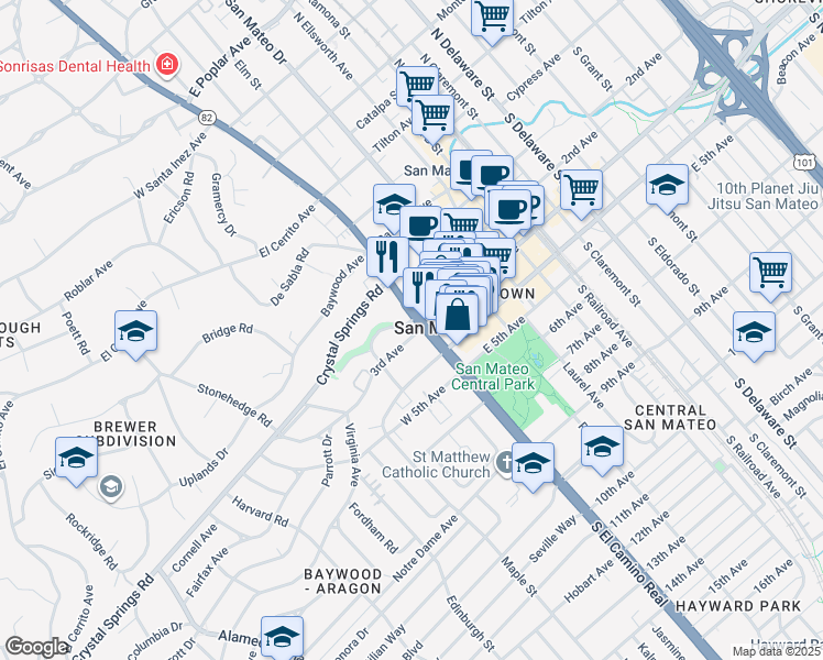 map of restaurants, bars, coffee shops, grocery stores, and more near 2 West 3rd Avenue in San Mateo