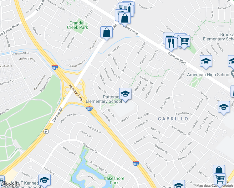 map of restaurants, bars, coffee shops, grocery stores, and more near 4502 Angeles Avenue in Fremont