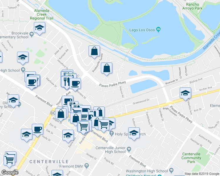 map of restaurants, bars, coffee shops, grocery stores, and more near 37297 Sequoia Terrace in Fremont