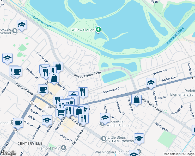 map of restaurants, bars, coffee shops, grocery stores, and more near 3135 Medina Common in Fremont