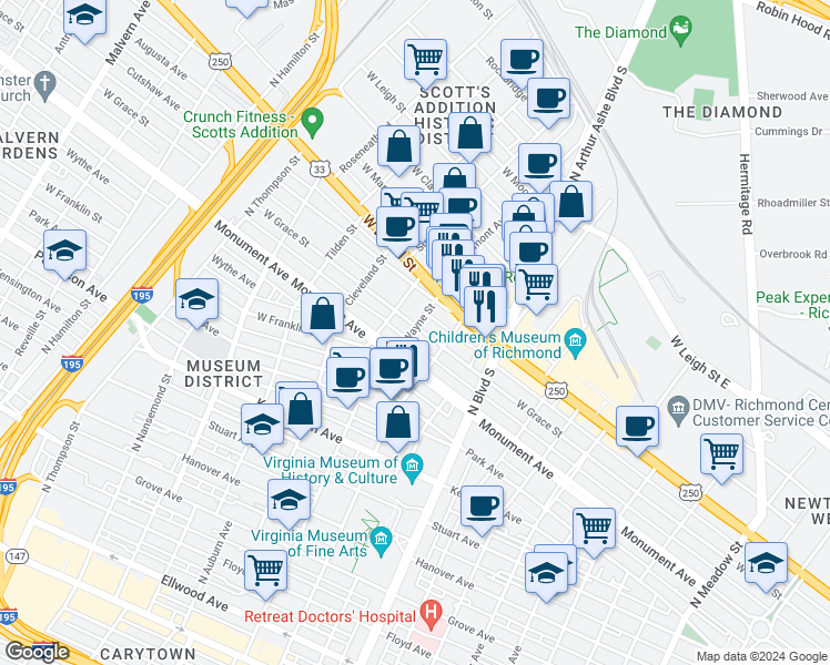 map of restaurants, bars, coffee shops, grocery stores, and more near 2923 West Grace Street in Richmond