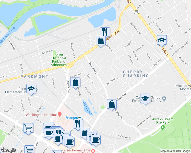 map of restaurants, bars, coffee shops, grocery stores, and more near 912 Oranda Terrace in Fremont