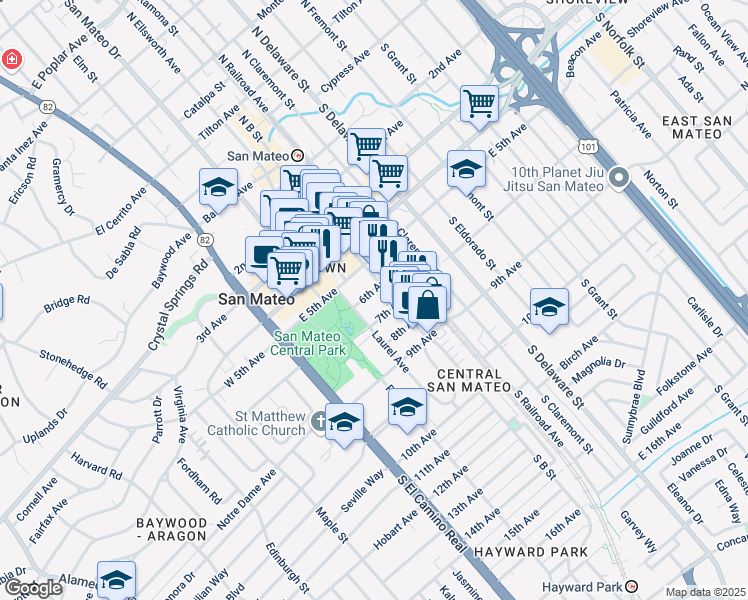 map of restaurants, bars, coffee shops, grocery stores, and more near 222 6th Avenue in San Mateo