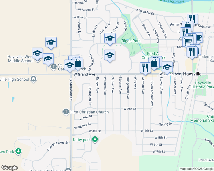 map of restaurants, bars, coffee shops, grocery stores, and more near 144 Western Avenue in Haysville