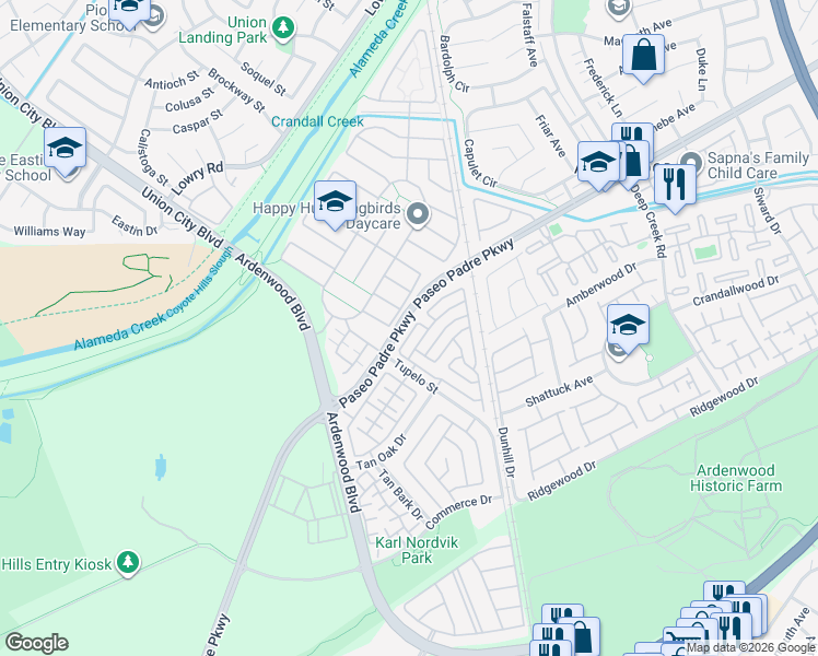 map of restaurants, bars, coffee shops, grocery stores, and more near 34077 Gannon Terrace in Fremont