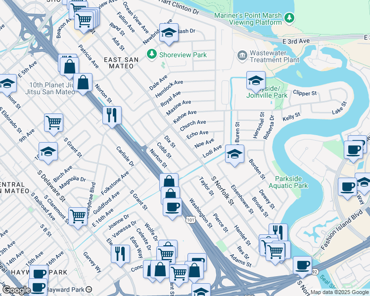 map of restaurants, bars, coffee shops, grocery stores, and more near 1524 South Norfolk Street in San Mateo