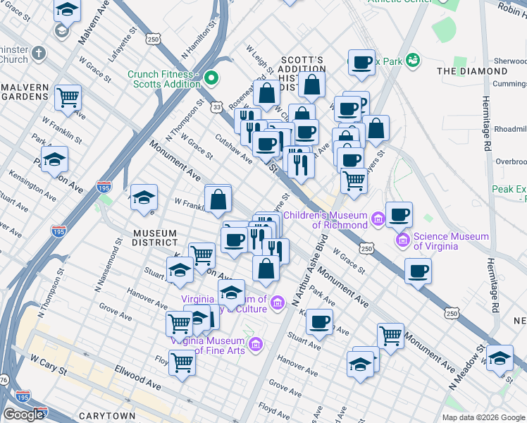map of restaurants, bars, coffee shops, grocery stores, and more near 3006 Monument Avenue in Richmond