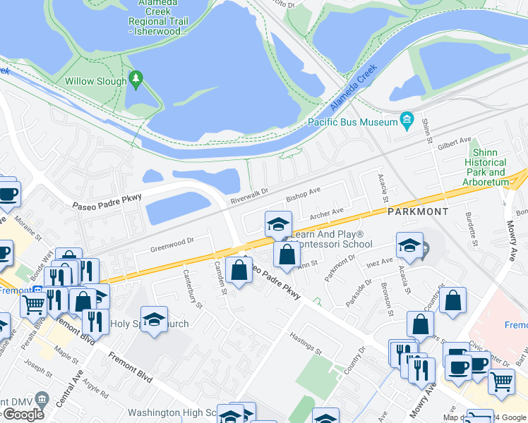 map of restaurants, bars, coffee shops, grocery stores, and more near 37823 Bishop Court in Fremont