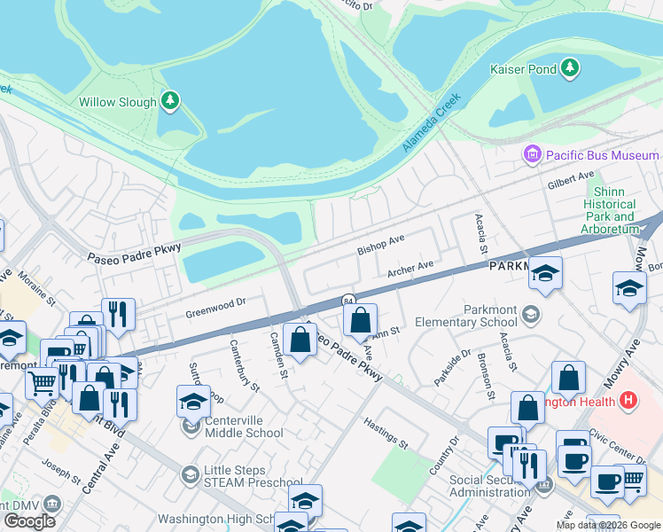 map of restaurants, bars, coffee shops, grocery stores, and more near 37823 Bishop Court in Fremont