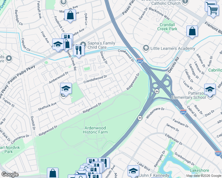 map of restaurants, bars, coffee shops, grocery stores, and more near 34739 Fairchild Common in Fremont
