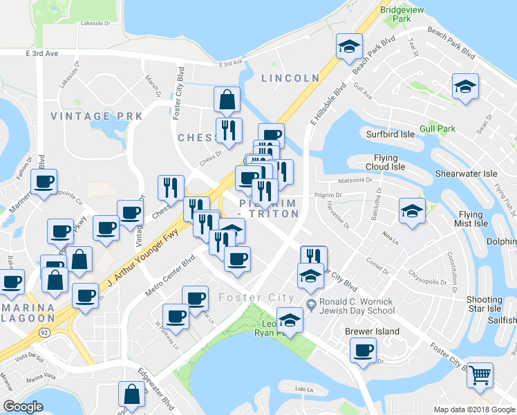 map of restaurants, bars, coffee shops, grocery stores, and more near 501 Foster City Boulevard in Foster City