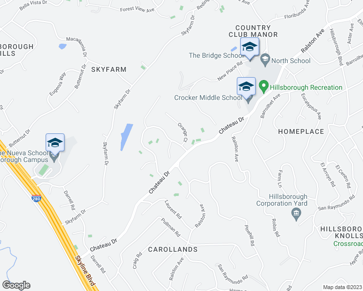 map of restaurants, bars, coffee shops, grocery stores, and more near Jacaranda Cir & Orange Ct in Hillsborough