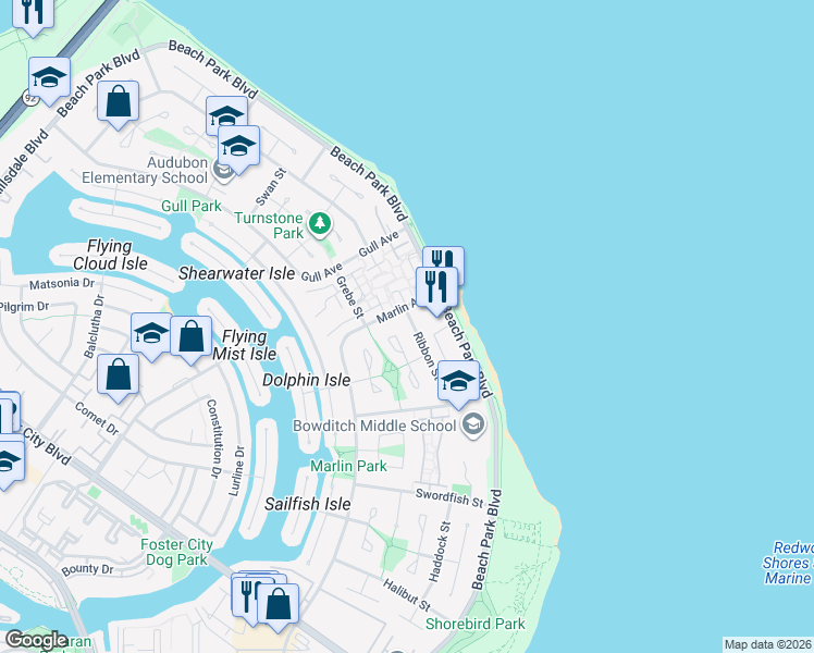 map of restaurants, bars, coffee shops, grocery stores, and more near 1361 Ribbon Street in Foster City