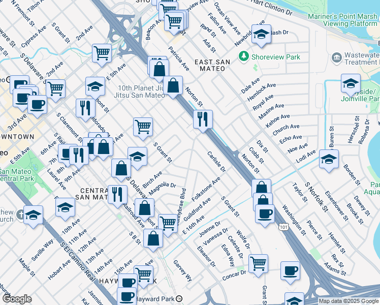 map of restaurants, bars, coffee shops, grocery stores, and more near 1025 Sunnybrae Boulevard in San Mateo