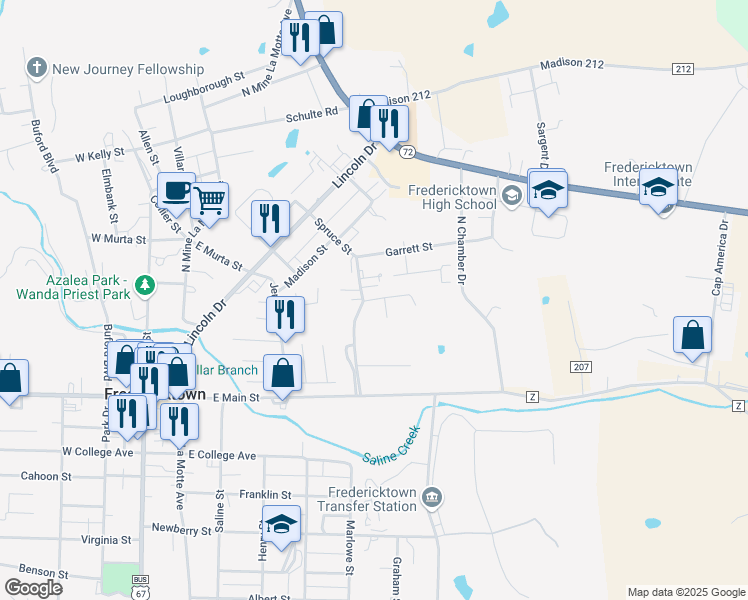 map of restaurants, bars, coffee shops, grocery stores, and more near 105 Spruce Street in Fredericktown