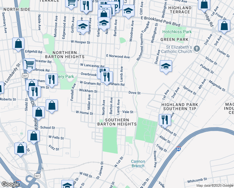 map of restaurants, bars, coffee shops, grocery stores, and more near 2204 Lamb Avenue in Richmond