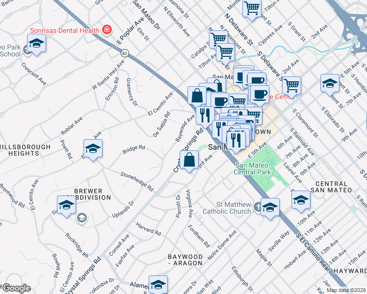 map of restaurants, bars, coffee shops, grocery stores, and more near 74 Crystal Springs Road in San Mateo