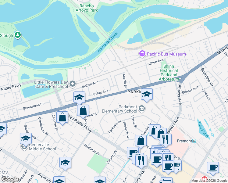 map of restaurants, bars, coffee shops, grocery stores, and more near 1961 Peralta Boulevard in Fremont