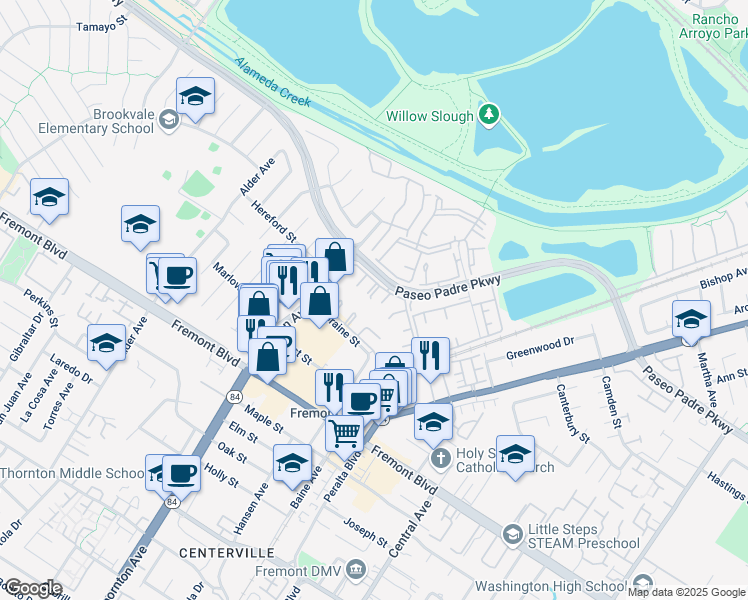map of restaurants, bars, coffee shops, grocery stores, and more near 3467 Pinewood Terrace in Fremont