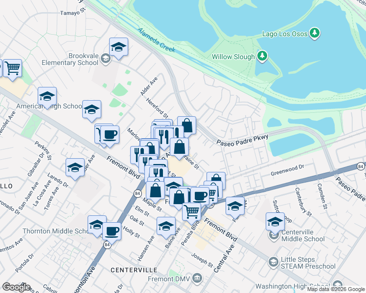 map of restaurants, bars, coffee shops, grocery stores, and more near 37050 Meadowbrook Common in Fremont