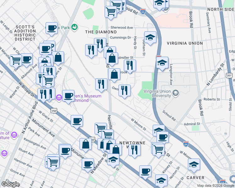 map of restaurants, bars, coffee shops, grocery stores, and more near 2395 Hermitage Road in Richmond