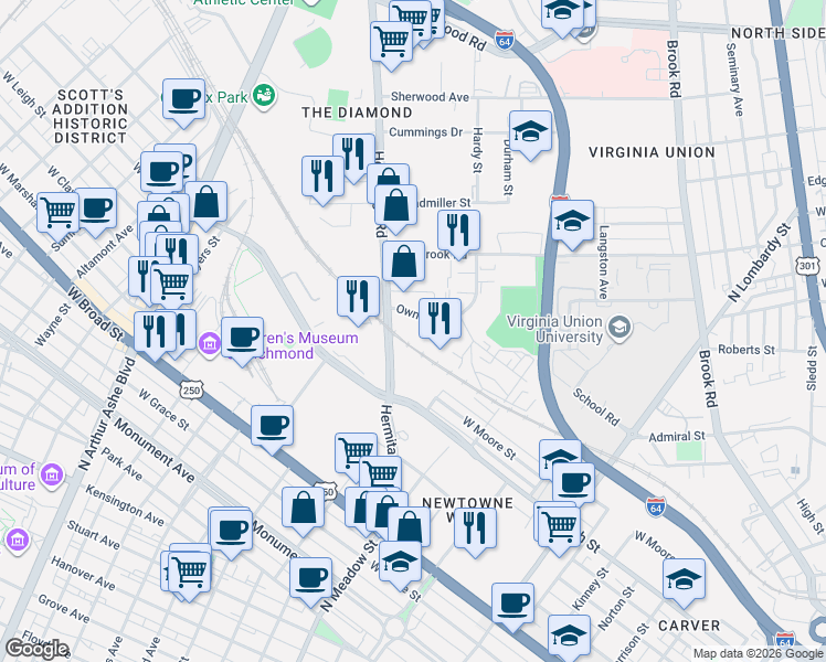 map of restaurants, bars, coffee shops, grocery stores, and more near 2395 Hermitage Road in Richmond