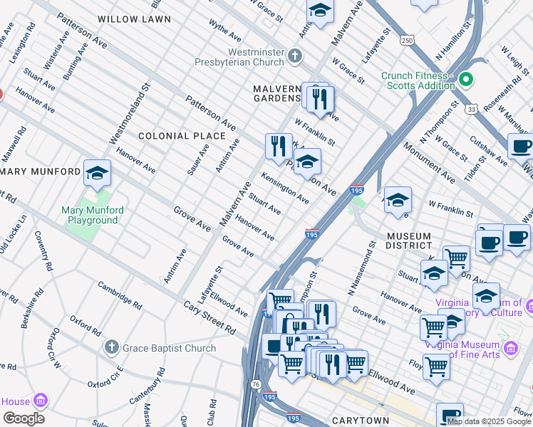 map of restaurants, bars, coffee shops, grocery stores, and more near 3919 Stuart Avenue in Richmond