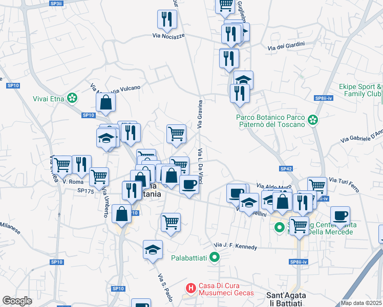 map of restaurants, bars, coffee shops, grocery stores, and more near 25 Via San Paolo in Tremestieri Etneo
