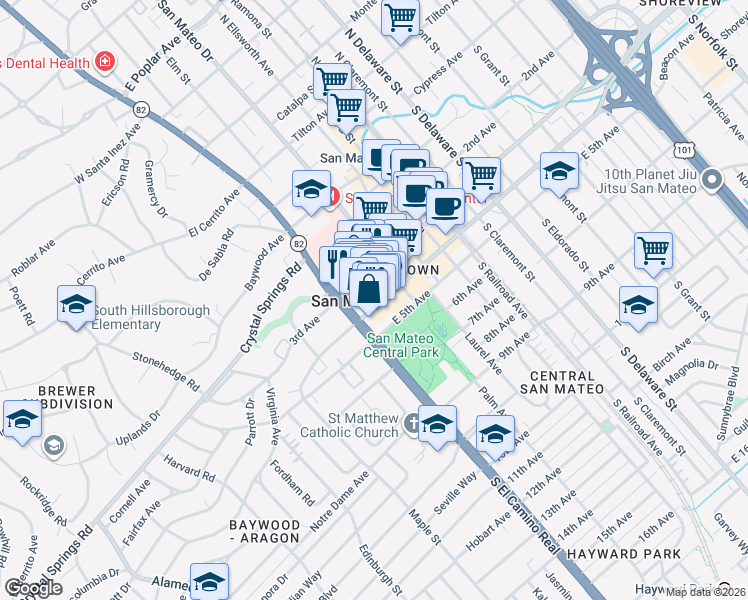 map of restaurants, bars, coffee shops, grocery stores, and more near in San Mateo