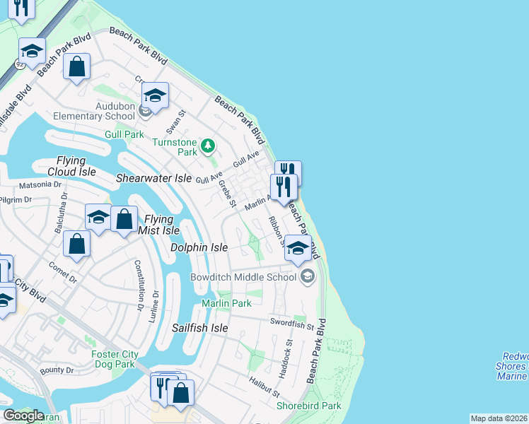 map of restaurants, bars, coffee shops, grocery stores, and more near 1361 Ribbon Street in Foster City