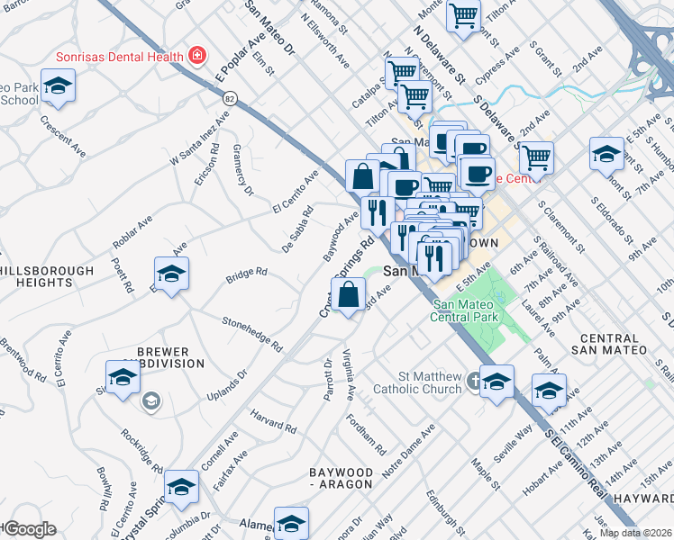 map of restaurants, bars, coffee shops, grocery stores, and more near 74 Crystal Springs Road in San Mateo