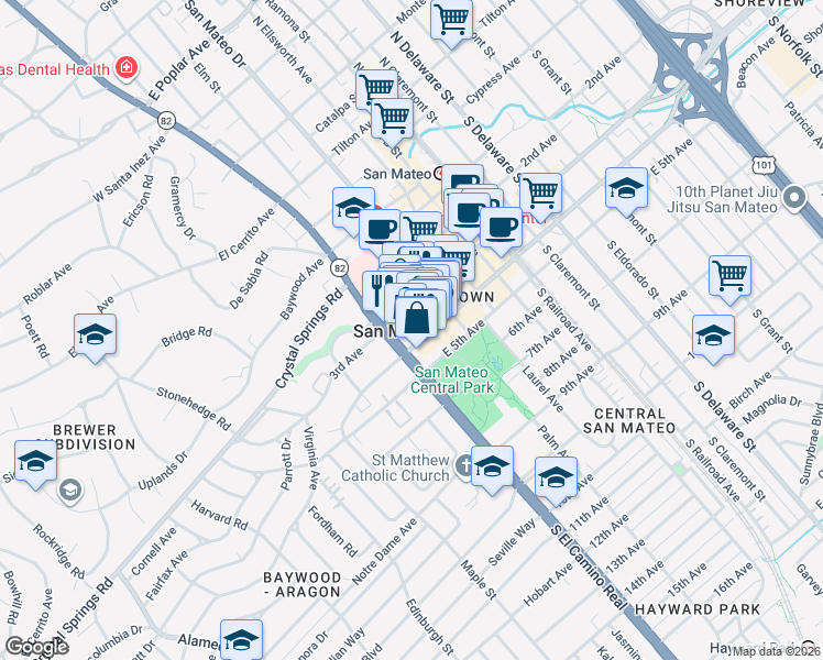map of restaurants, bars, coffee shops, grocery stores, and more near in San Mateo