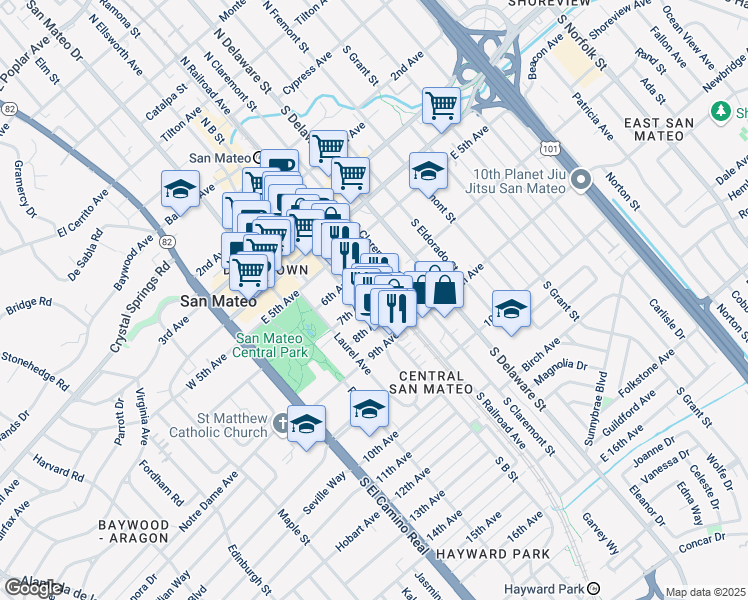 map of restaurants, bars, coffee shops, grocery stores, and more near 308 7th Avenue in San Mateo