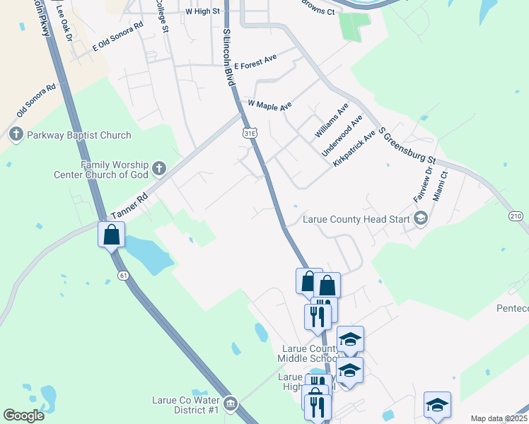 map of restaurants, bars, coffee shops, grocery stores, and more near 166 Peak Street in Hodgenville