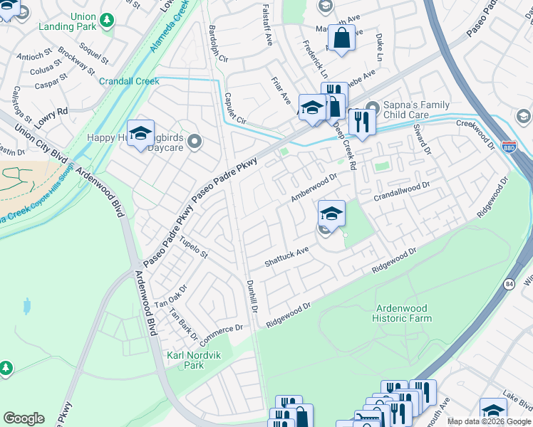 map of restaurants, bars, coffee shops, grocery stores, and more near 34216 Northwind Terrace in Fremont