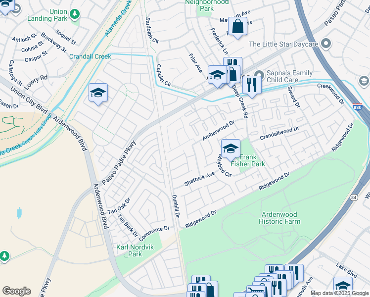 map of restaurants, bars, coffee shops, grocery stores, and more near 34216 Northwind Terrace in Fremont