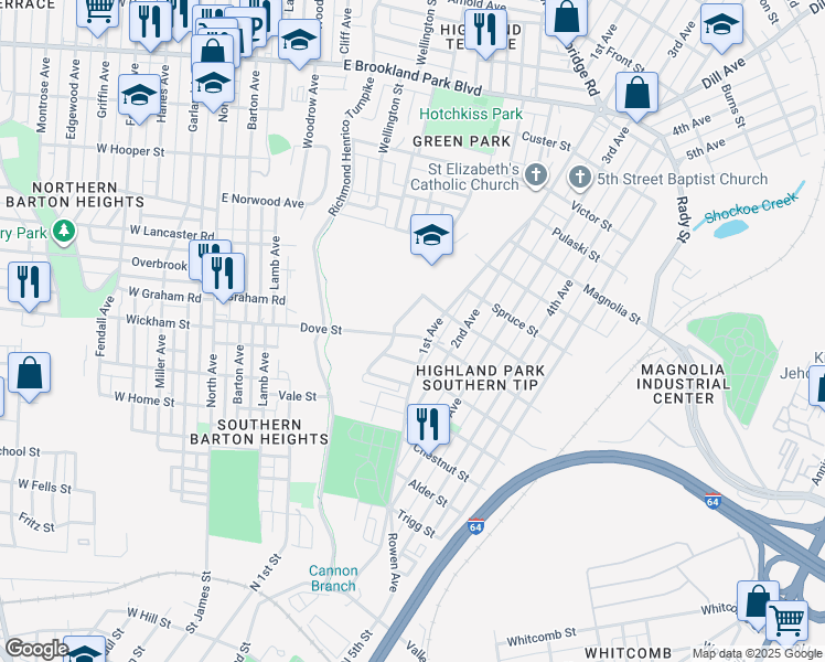 map of restaurants, bars, coffee shops, grocery stores, and more near 1124 Dove Street in Richmond