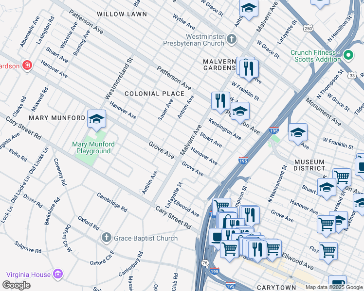 map of restaurants, bars, coffee shops, grocery stores, and more near 4103 Hanover Avenue in Richmond