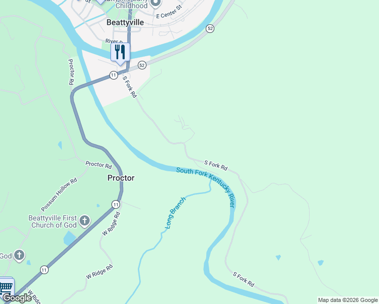 map of restaurants, bars, coffee shops, grocery stores, and more near South Fork Road in Beattyville