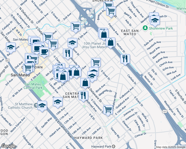 map of restaurants, bars, coffee shops, grocery stores, and more near 721 10th Avenue in San Mateo