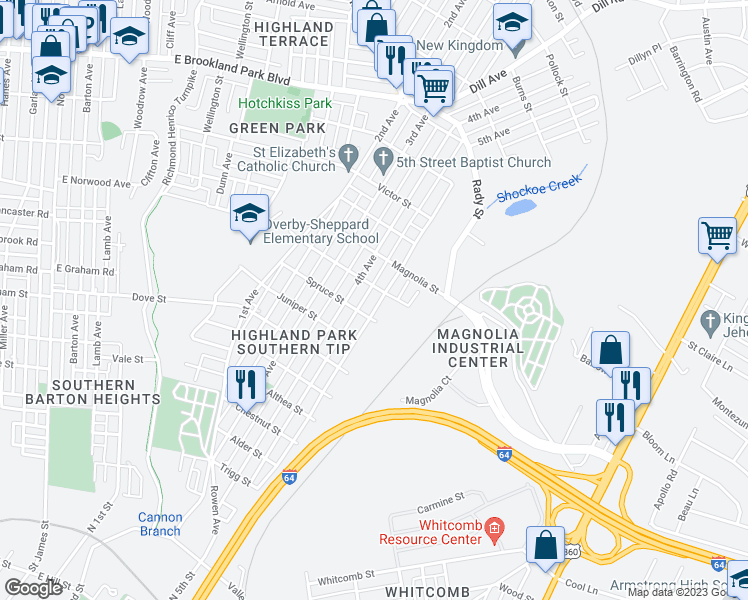 map of restaurants, bars, coffee shops, grocery stores, and more near 2410 5th Avenue in Richmond