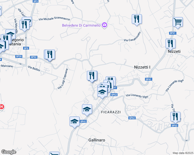 map of restaurants, bars, coffee shops, grocery stores, and more near 25 Via Giovanni Grasso in Aci Castello